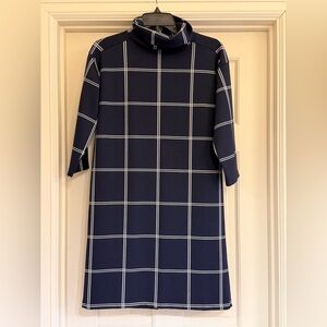 LOFT Navy Checkered Long Sleeve Dress